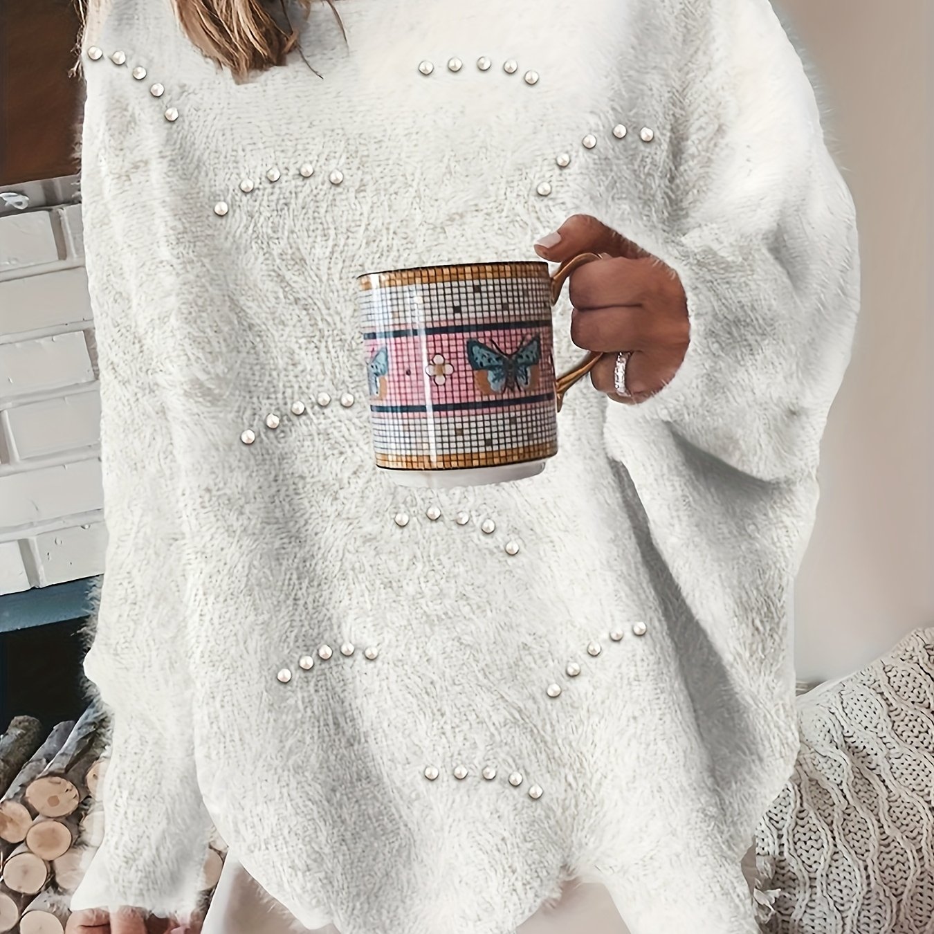 TEMU Sweter Damski z Eleganckim Luźnym Krojem i Perłowymi Ozdobami - Długi Rękaw, Okrągły Dekolt, Miękka Biała Bluzka na Wiosnę/Jesień, Casualowy