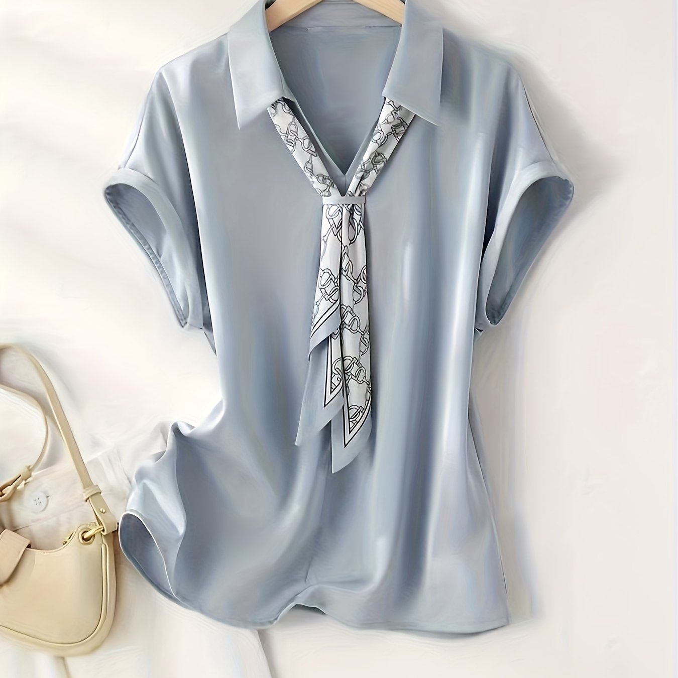 TEMU Damska Biała Bluzka z Krótkim Rękawem i Dekoltem w Serek - Elegancki Kołnierzyk, Wiązana Przodu Koszulowa Kurtka Letnia o Kroju H-Line do