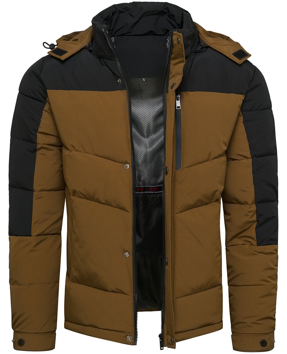 Kurtka męska ocieplana z odczepianym kapturem czarno-brązowa Recea