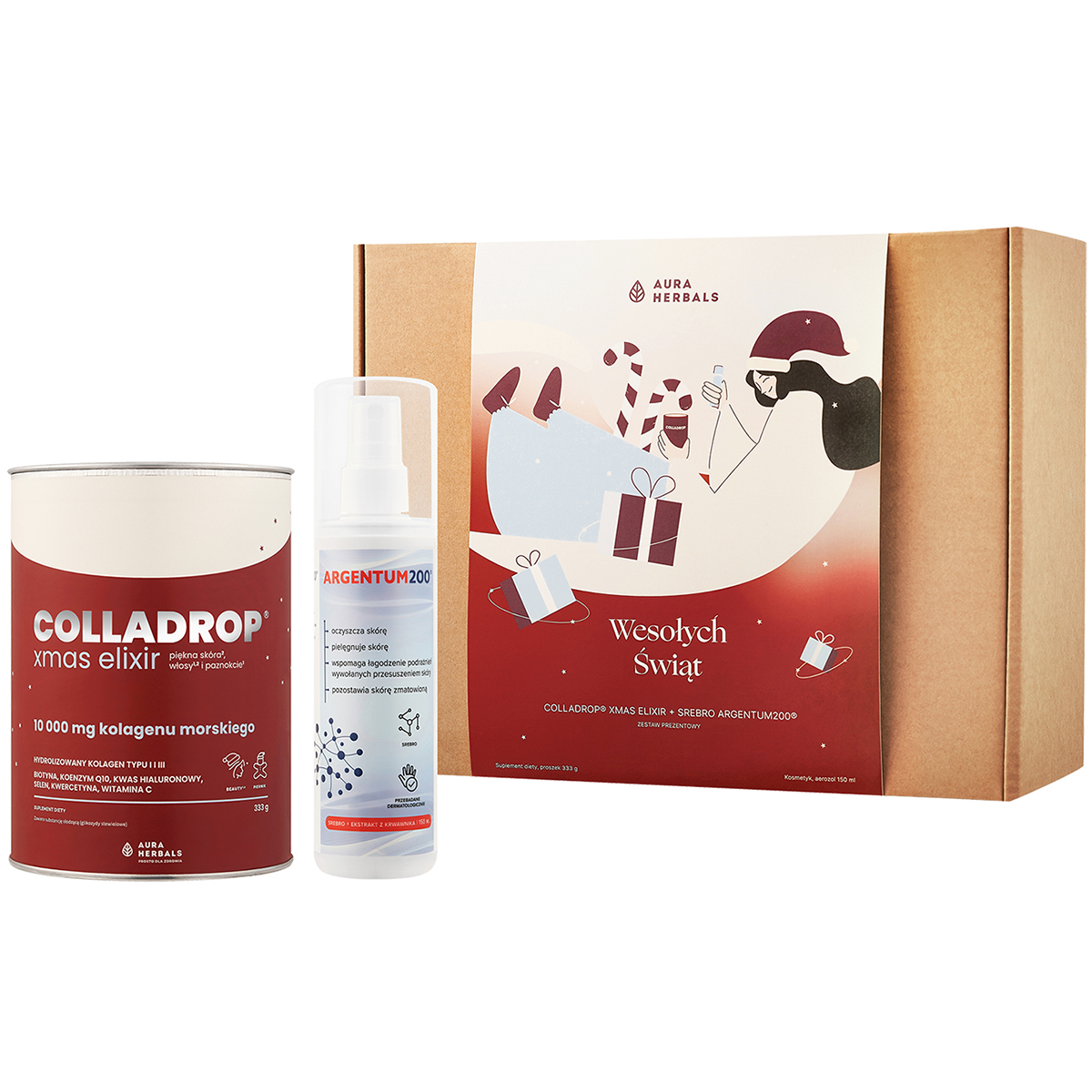 Zestaw Aura Herbals, Colladrop Xmas elixir, 333 g + Srebro Argentum200, 150 ml