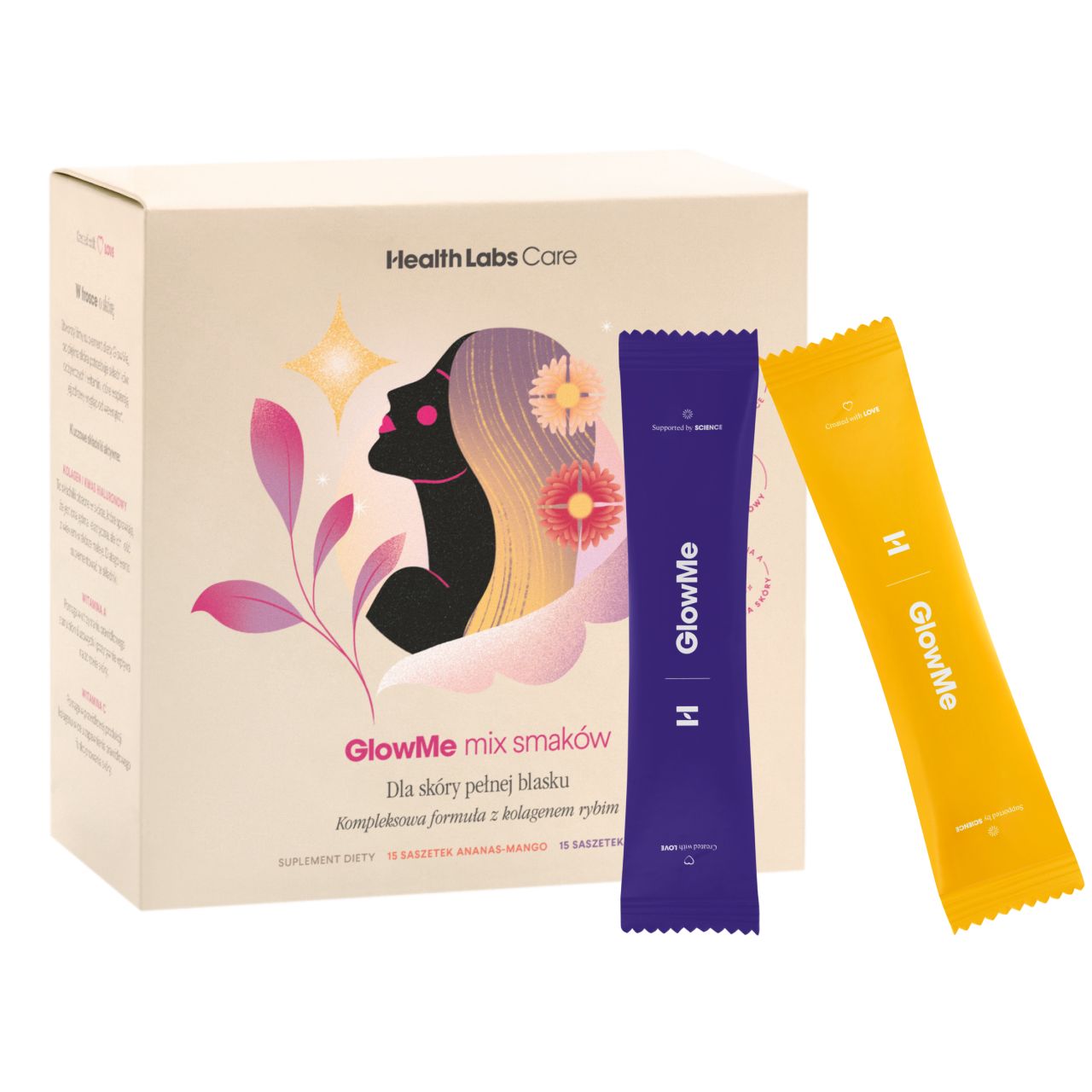 Health Labs GlowMe, smak malinowy, 15 saszetek + smak ananas-mango, 15 saszetek