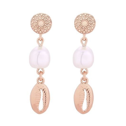 Długie kolczyki z różowego złota z muszelkami i perłami SWAROVSKI CRYSTAL