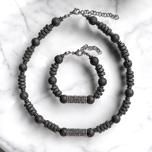 RAZEM TANIEJ! naszyjnik, bransoletka : lawa i stal szlachetna