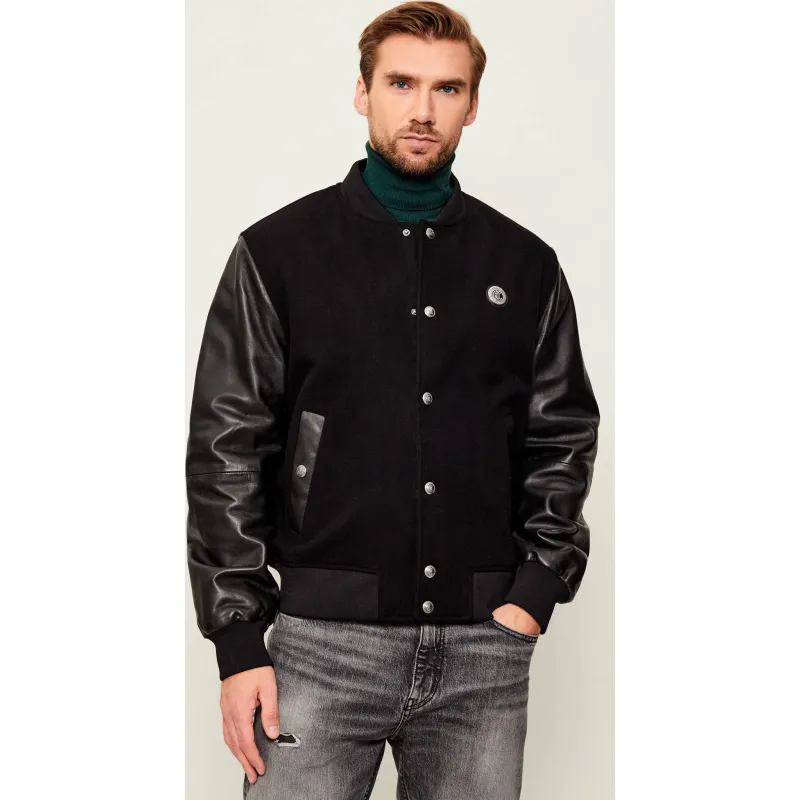 Just Cavalli Wełniana kurtka bomber | Regular Fit | z dodatkiem skóry