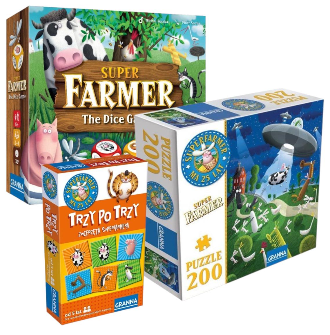 Paczka od Mikołaja Superfarmer. The Dice Game, Trzy po trzy. Zwierzęta Superfarmera, Puzzle 200 el. Superfarmer - gra planszowa