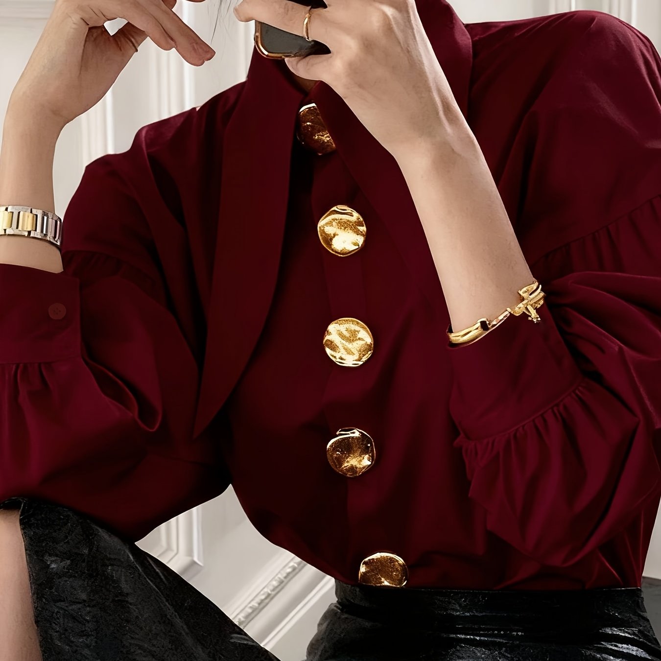 TEMU Elegancka Koszula z Rękawami Latarniami w Kolorze Wino Czerwonym/Granatowym/Morelowym/Białym, Modny Kołnierzyk Szpic, Luźna Bluzka z Długim