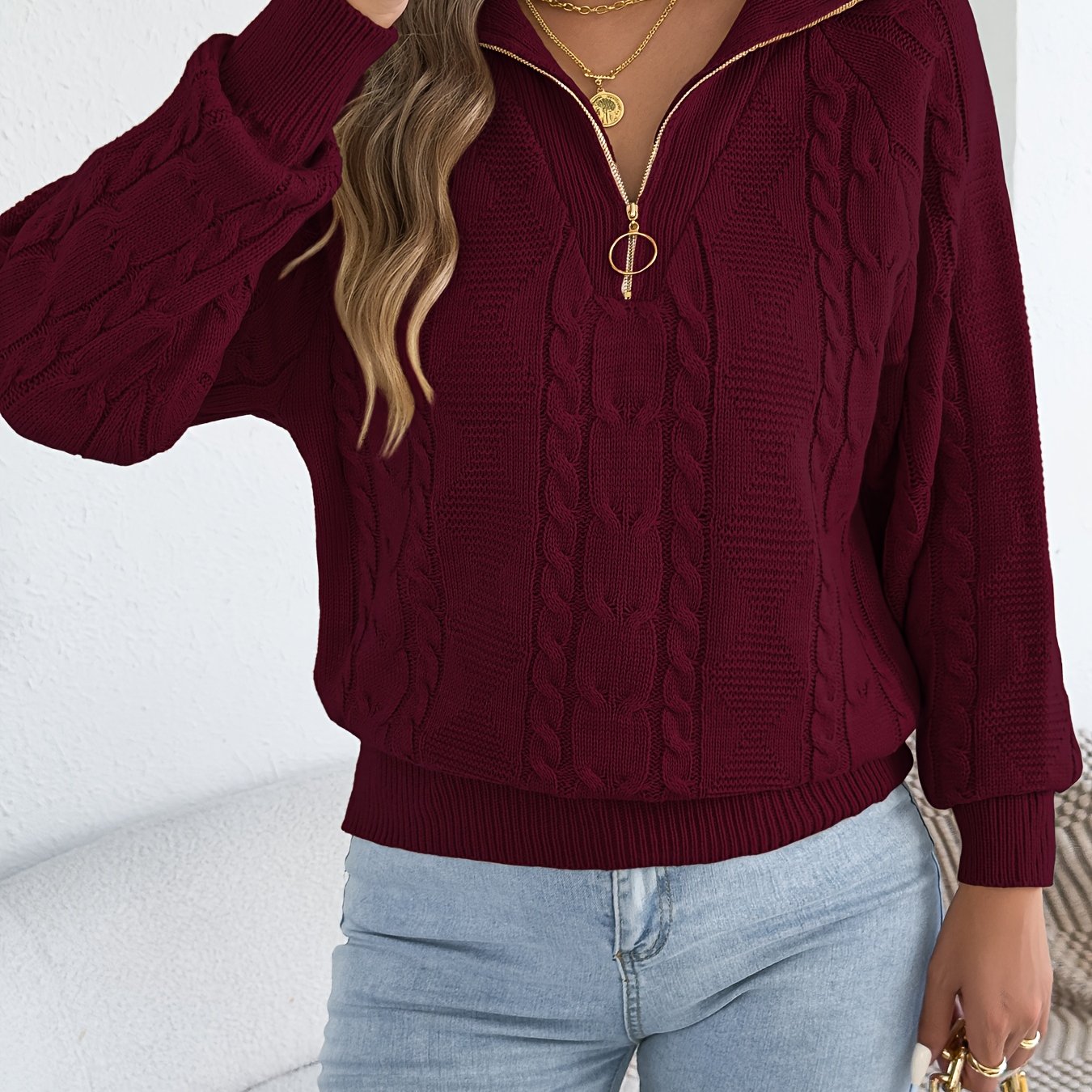 TEMU Damski Zimowy Sweter z Zapięciem na Zamek - Jednokolorowy Pulower z Pełnymi Dzwonkowymi Rękawami, Średnio Elastyczny Regularny Fason na Jesień i