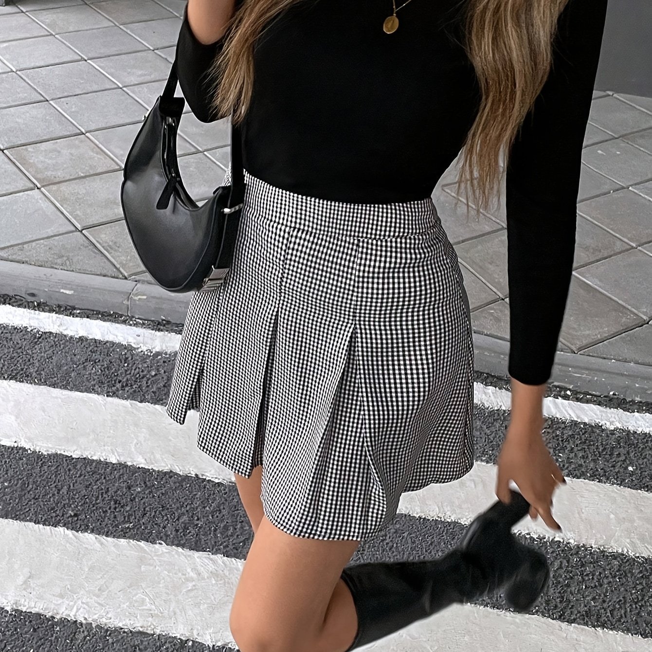 TEMU Elegancka damska mini spódnica w kształcie litery A z czarno-białym szachowniczym plisowanym dołem - Strukturalna sylwetka w kształcie litery A,