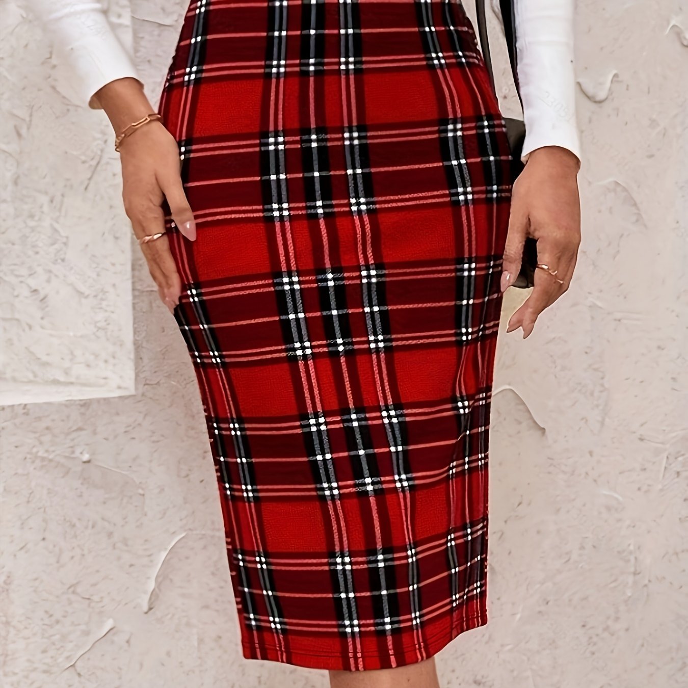 TEMU Elegancka spódnica damska w kratę - Czerwono-kratowa, podkreślająca sylwetkę, idealna na co dzień i na specjalne okazje, na całoroczne biurowe