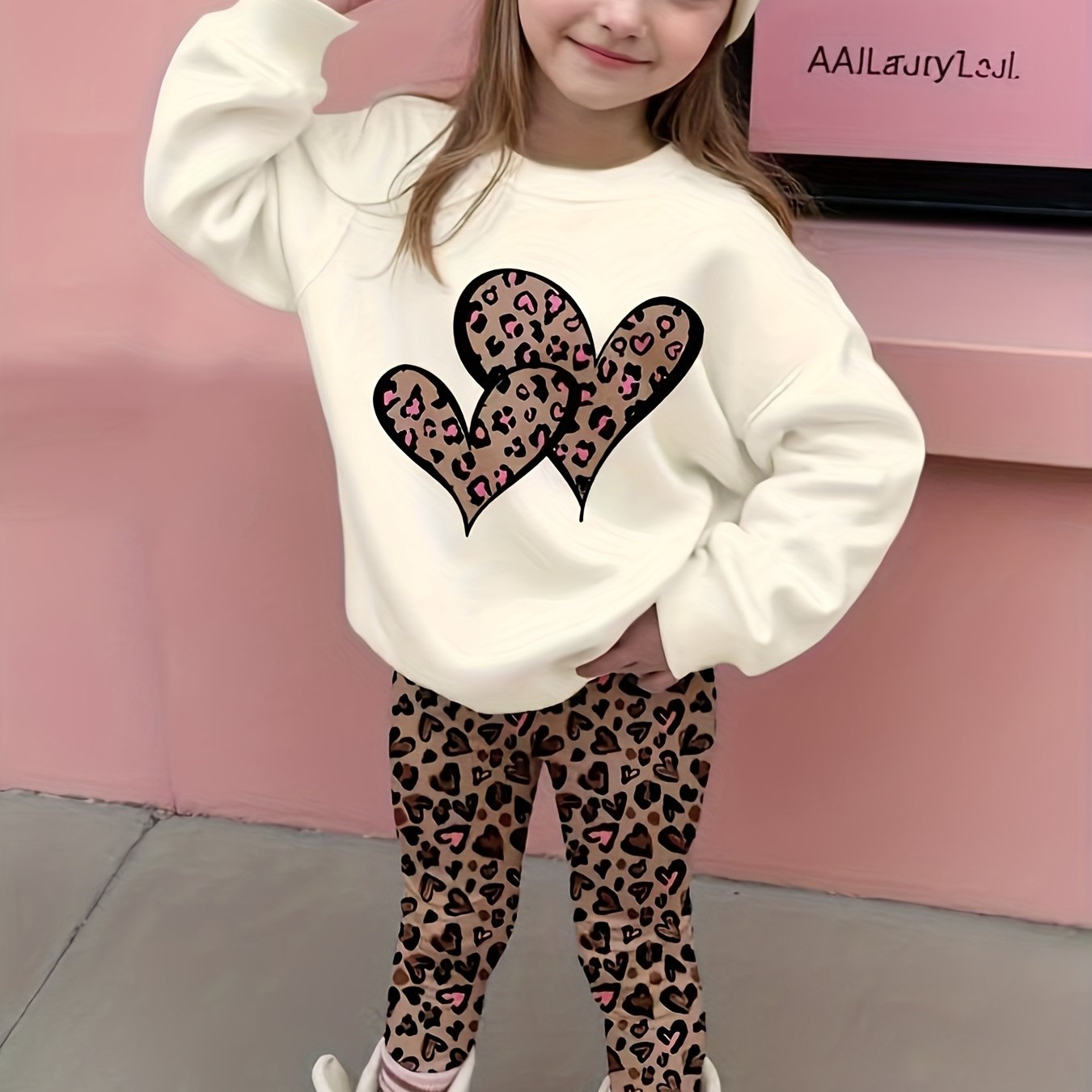 TEMU Dwuczęściowy zestaw jesienno-zimowy dla dziewczynki: bluza z okrągłym dekoltem w kształcie i spodnie w panterkę. Idealny na zewnątrz, w stylu