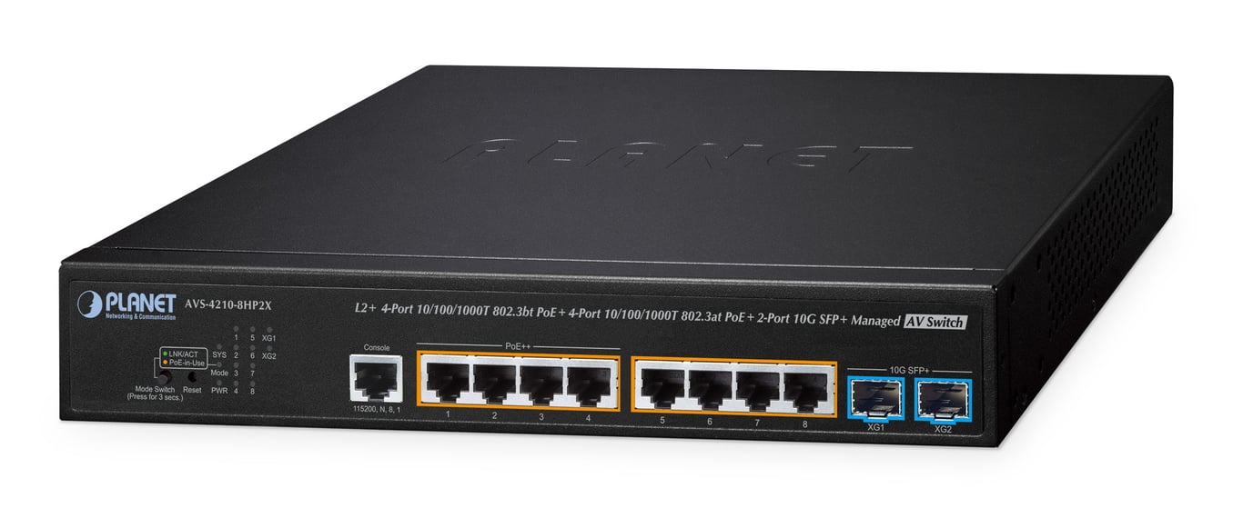 PLANET L2+ 4-Port 10/100/1000T 802.3bt PoE + 4-Port 10/100/1000T 802.3at PoE + 2-Port 10G SFP+ Managed AV Switch Zarządzany L2+ Obsługa PoE AVS-4210-8HP2X