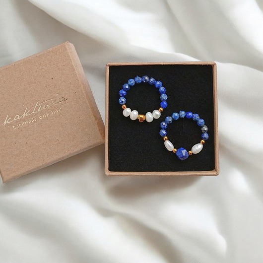 PREMIUM : zestaw pierścionków : lapis lazuli, perły