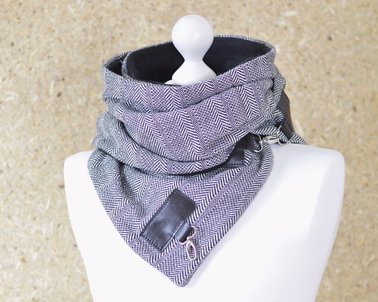 Szal wzorzysta wełna ze skórą Unisex -Czarny