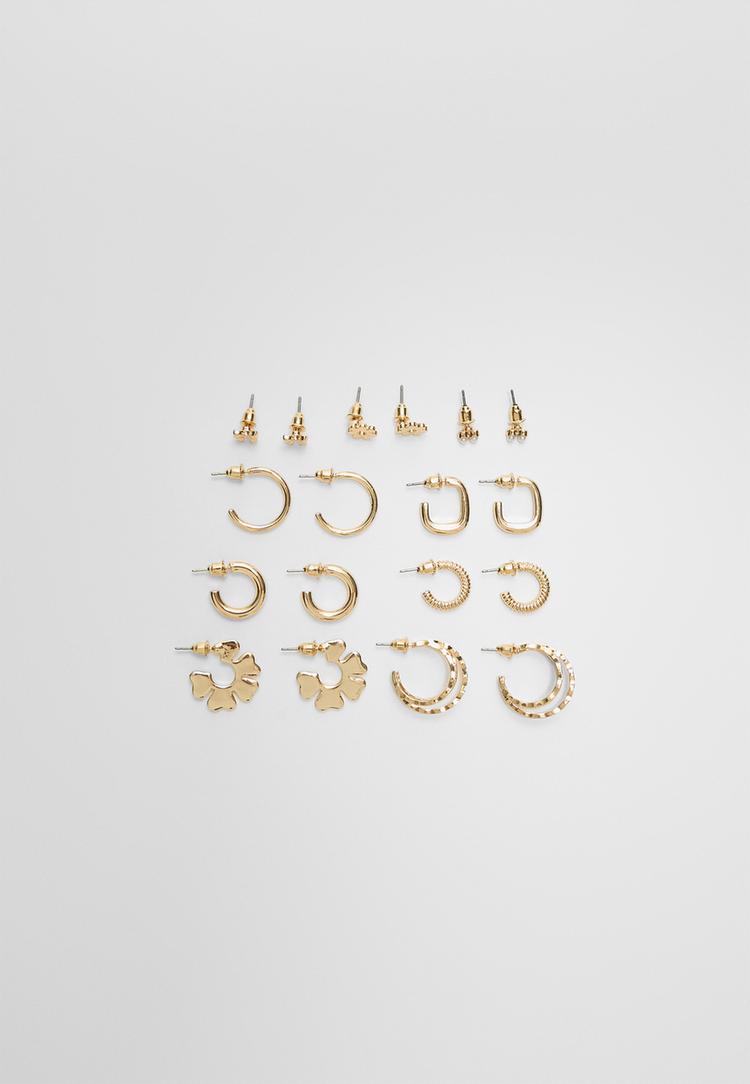 Stradivarius Zestaw 9 par kolczyków kwiatków Złoty OS