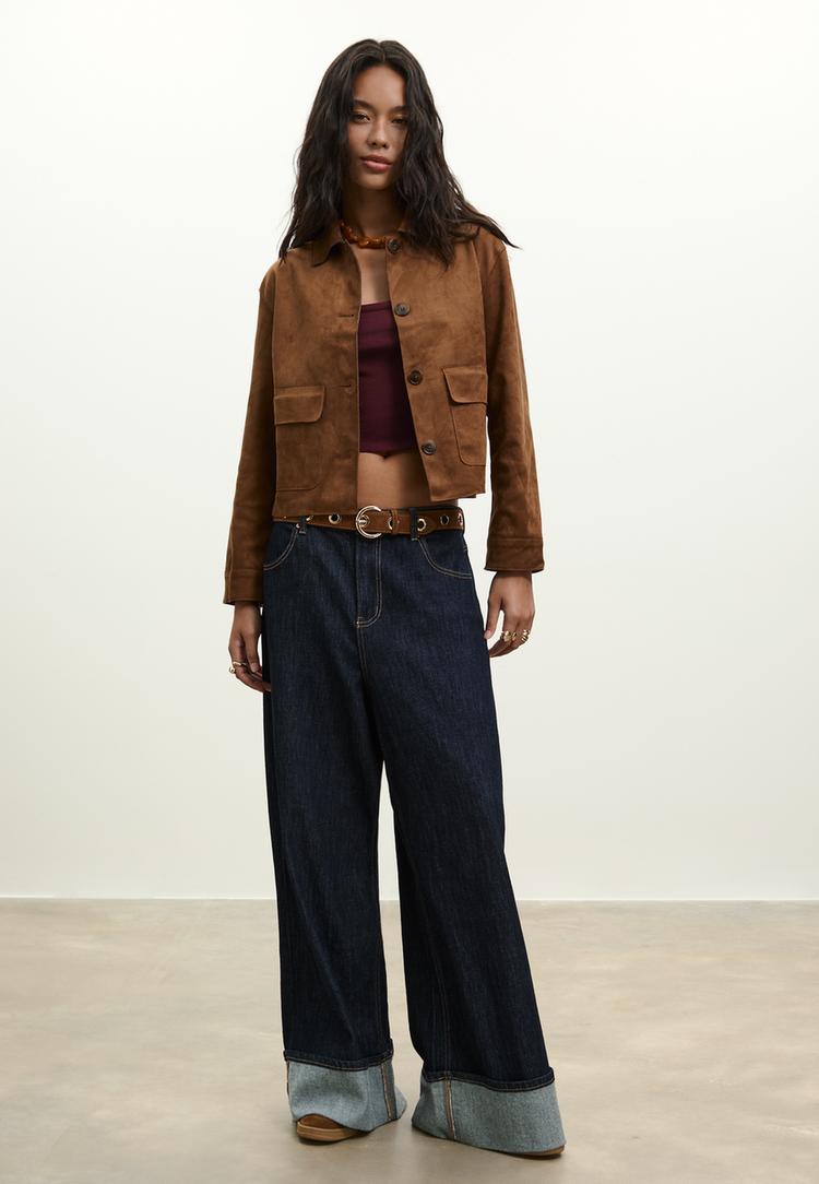 Stradivarius Kurtka z kieszeniami ze sztucznego zamszu Brązowy S