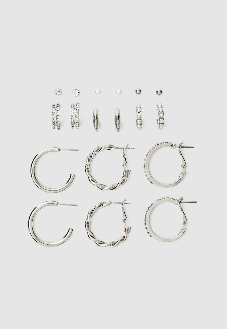 Stradivarius Zestaw 9 kolczyków kół z błyszczącymi ozdobami i sztucznymi perłami Szary OS