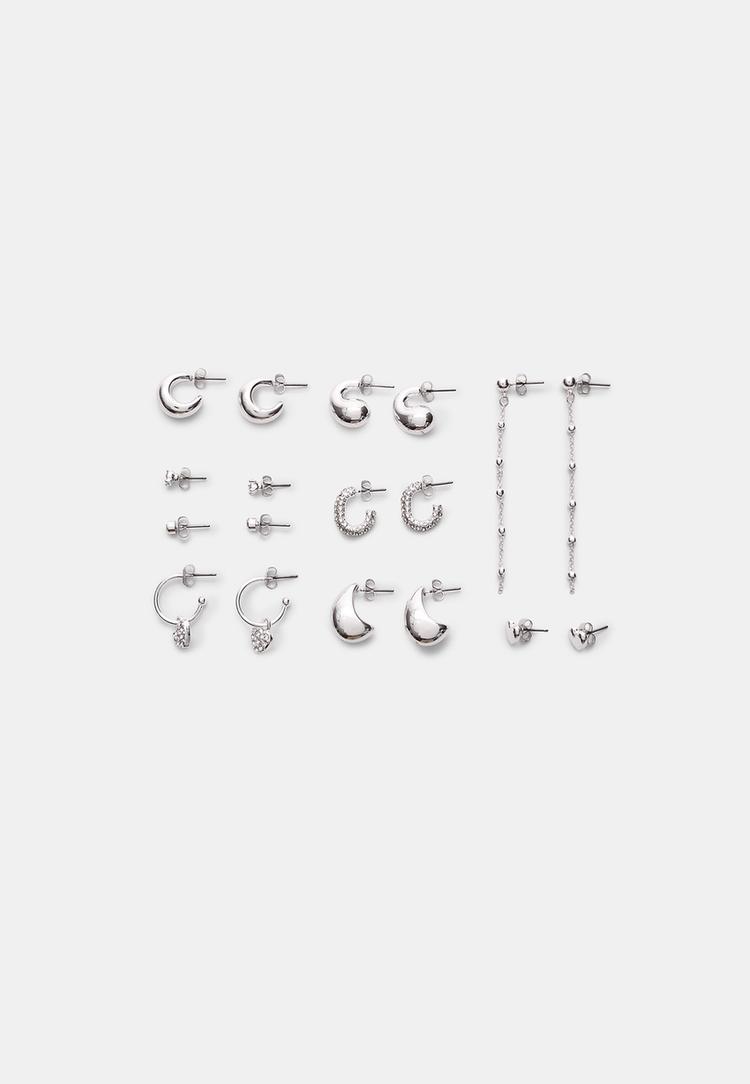 Stradivarius Zestaw 9 kolczyków serce i kółka Szary OS