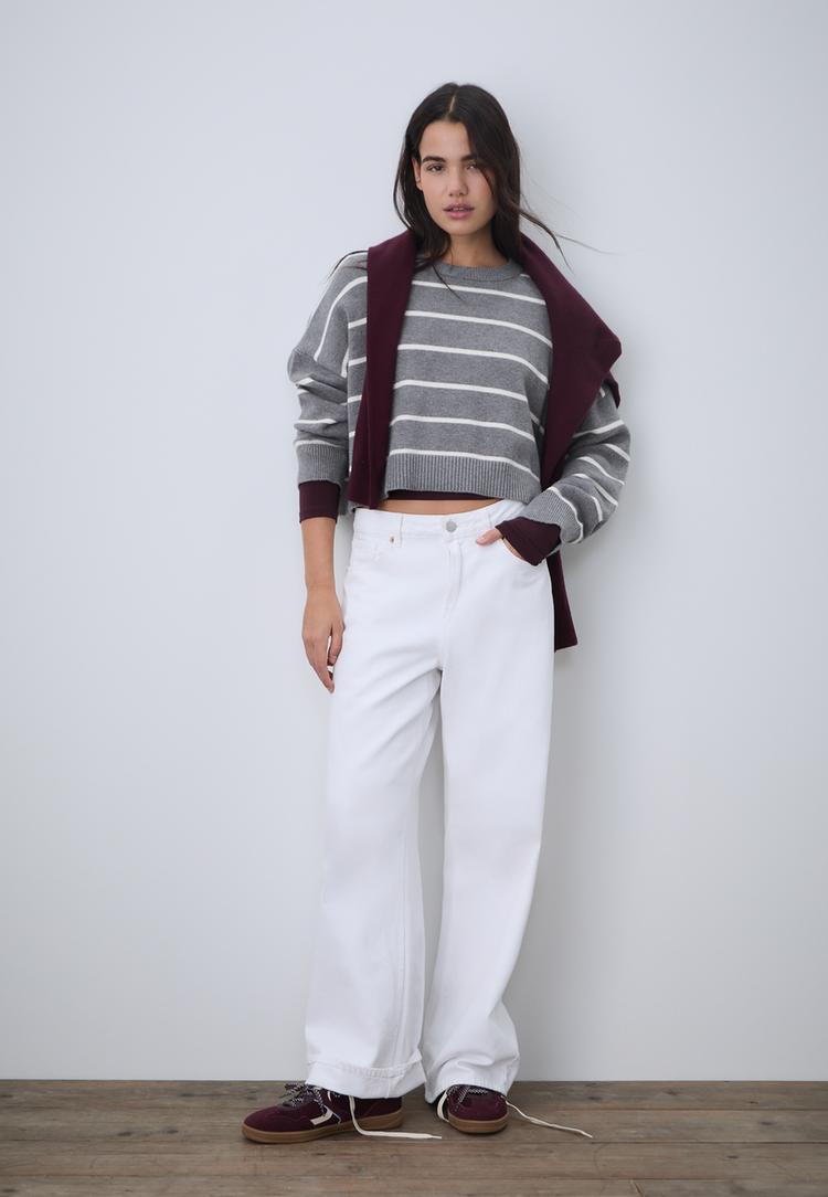 Stradivarius Sweter dzianinowy crop w paski Ciemnoszary L