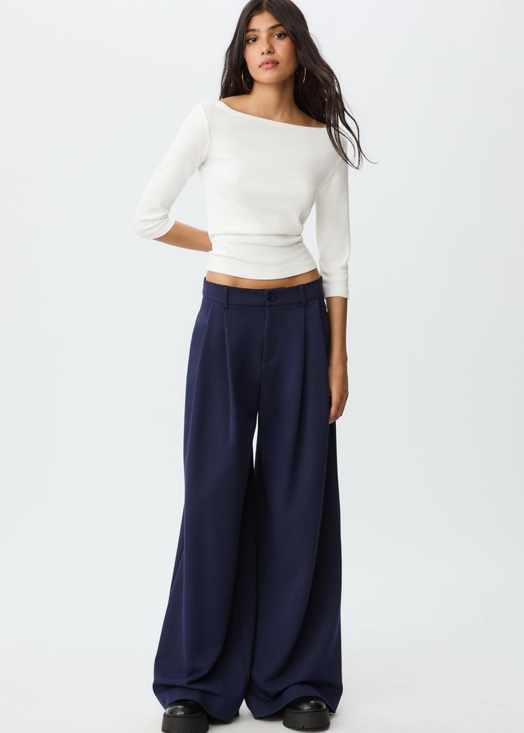 Stradivarius Spodnie wizytowe z szerokimi nogawkami i zaszewkami Morski 44