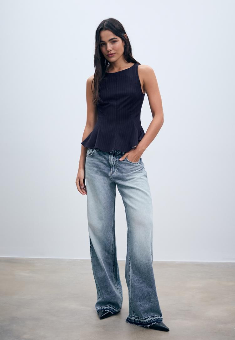 Stradivarius Top w paski z baskinką bez rękawów Morski M