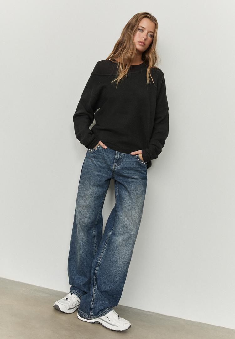 Stradivarius Sweter dzianinowy asymetryczny Czarny XS