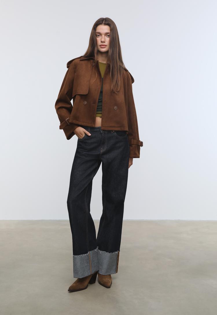 Stradivarius Krótki trencz ze sztucznego zamszu Brązowy L