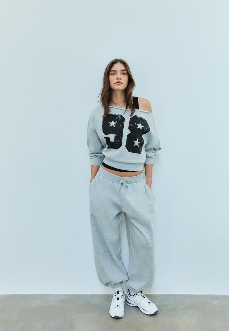 Stradivarius Spodnie jogger balloon z froty Popielaty M