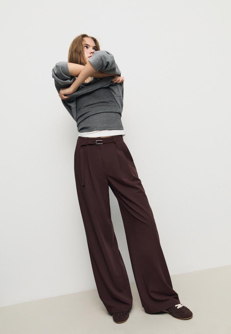 Stradivarius Szerokie spodnie eleganckie z klamrą Brązowy 40