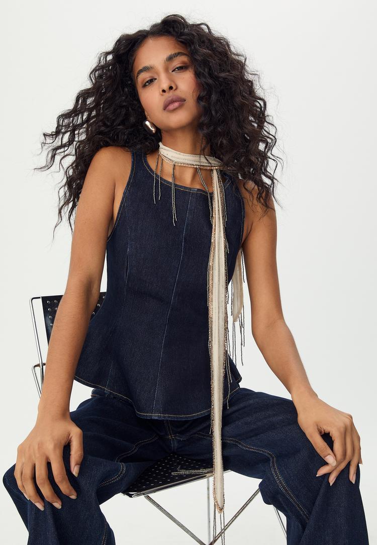 Stradivarius Dżinsowy top z baskinką bez rękawów NIEBIESKI DENIM OVERDYED XS