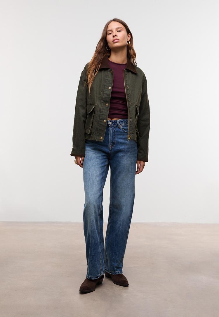 Stradivarius Krótka, woskowana parka kombinowana Khaki M