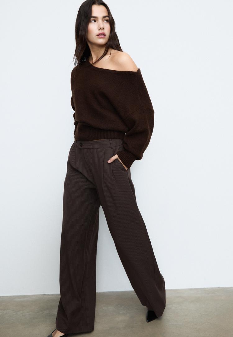 Stradivarius Spodnie wizytowe casual z krzyżowanym pasem w paski Brązowy 38