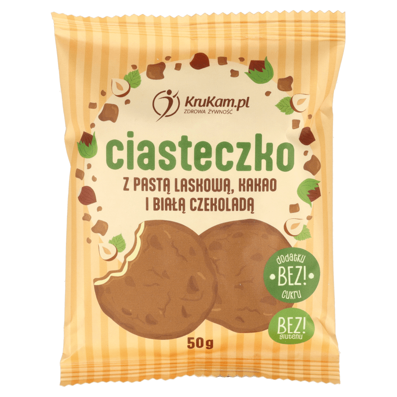 Ciasteczko z pastą laskową, kakao i białą czekoladą 50g