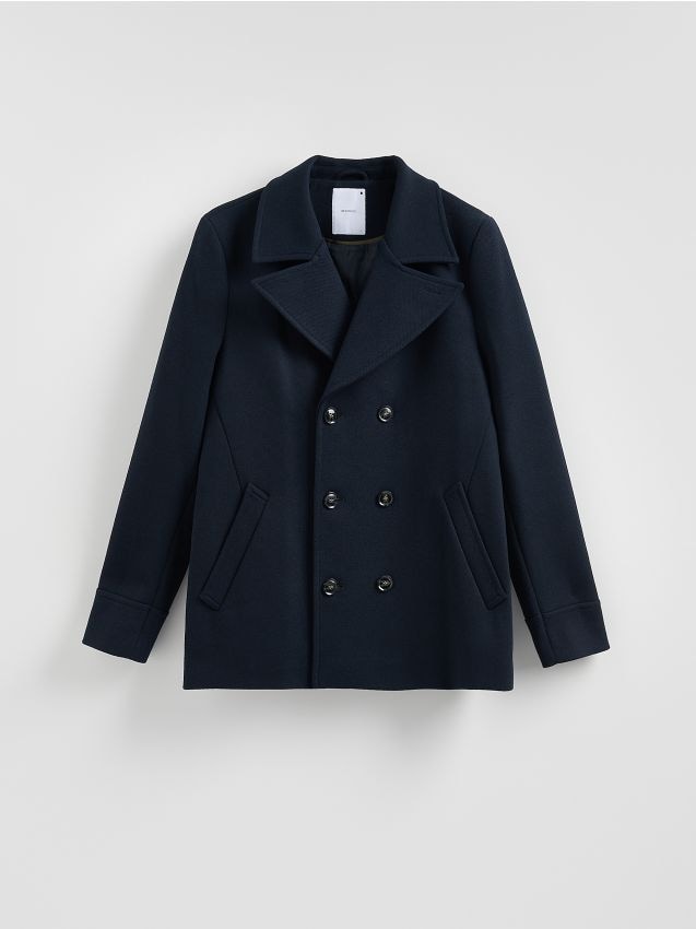 Reserved - Dwurzędowy płaszcz z dodatkiem wełny - granatowy