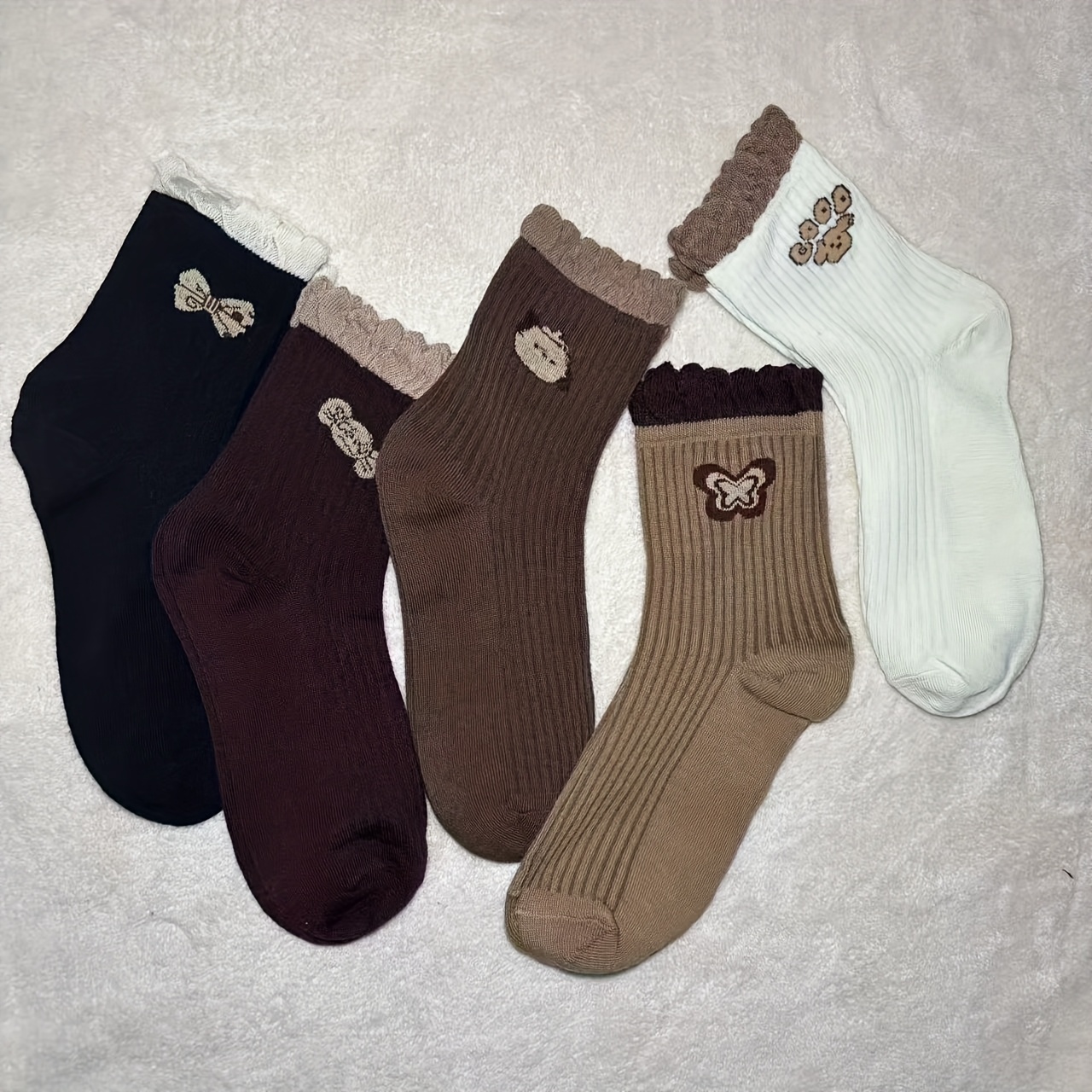TEMU 5-Par Skarpet Damskich do Połowy Łydki, Seria Kawa z Kokardką i Koronką, Wygodne, Oddychające, Modne, Uniwersalne, Długie Skarpety z Włosiem