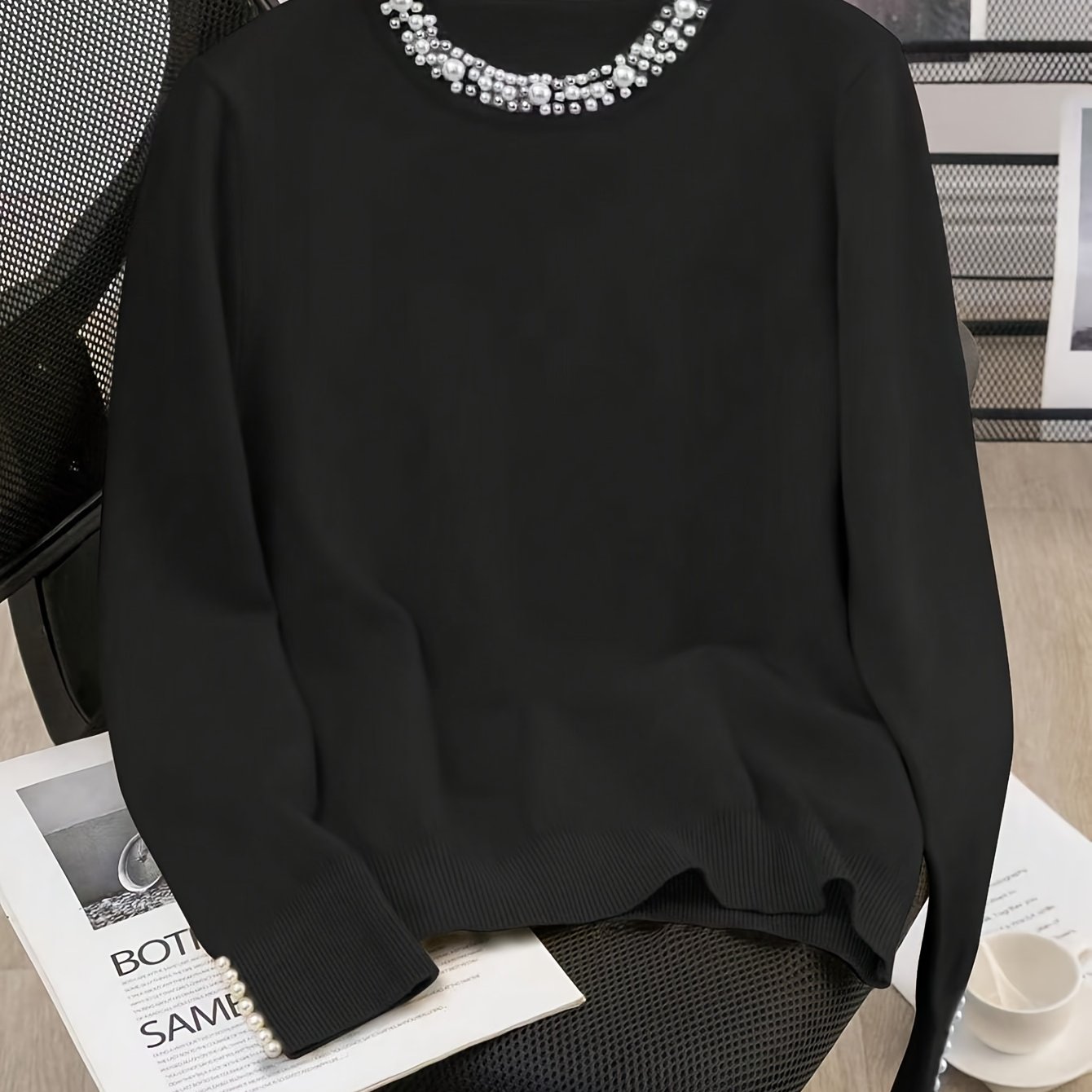 TEMU Sweter Damski - Sweter z Koralikami w Kolorze Musztardowym, Nieprzezroczysty i Ciepły na Jesień/Zimę, Elegancki Casualowy Pulower do Biura i