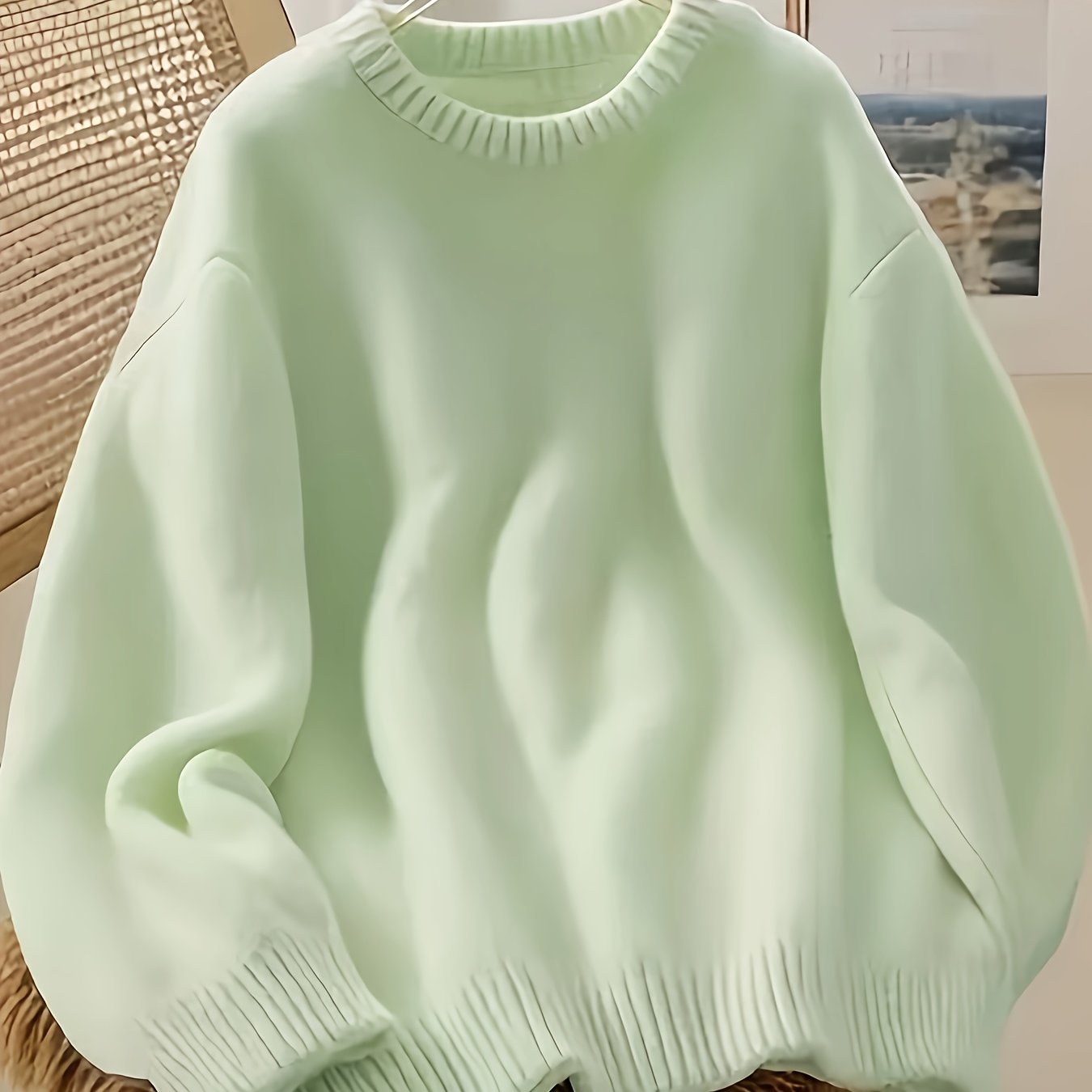 TEMU Męski sweter casualowy z okrągłym dekoltem - miękki mintowy , długi rękaw, nadmierne pulower z nadrukiem na mankietach i brzegu, idealny na