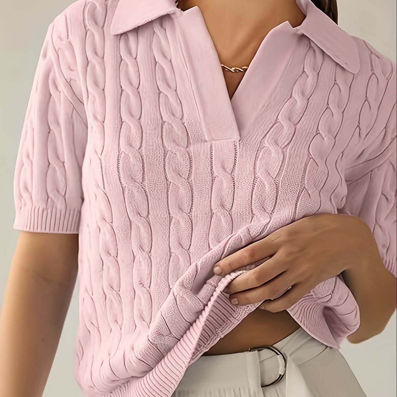 TEMU 1 szt. Miękki damski sweter polo - Pulower z wąsem i krótkim rękawem z kablem, elegancki, codzienny, stylowy top na wiosnę, , jesień,