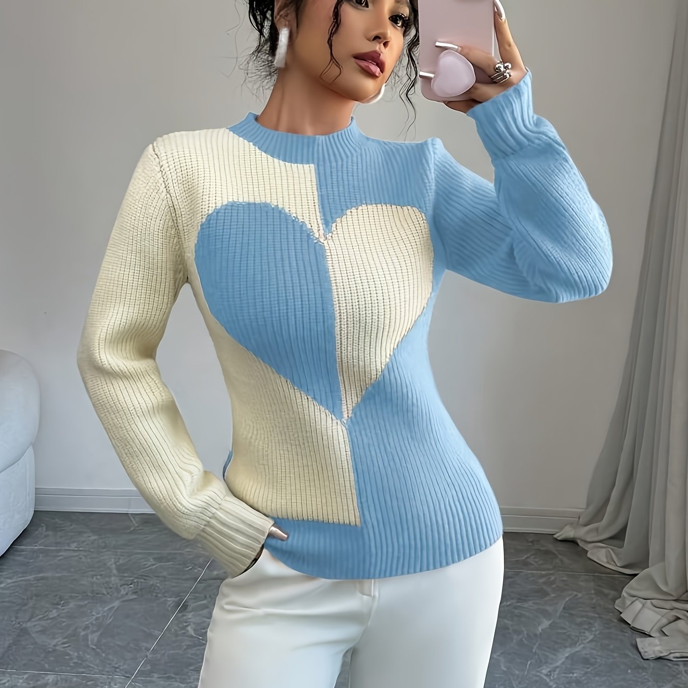 TEMU Damski Sweter w Kolorze Turkusowym z Sercem – Elegancki Sweter z Półgolfem, Dużym Wycięciem w Kształcie , Kołnierzem i Miękkim Niebieskim