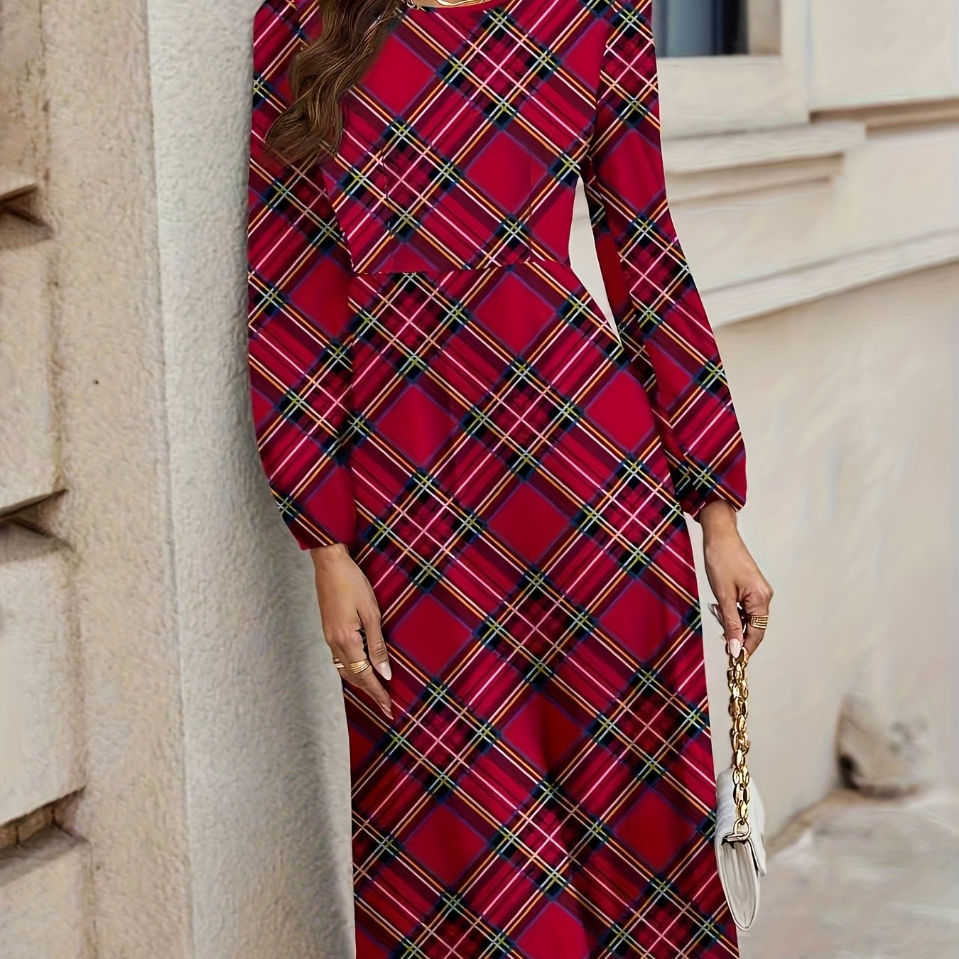 TEMU Damska Czerwona Sukienka w Kratę - Elegancka A-Line z Kieszeniami, Nierozciągliwy Materiał na Co Dzień i na Formalne Okazje - Niezbędny Element
