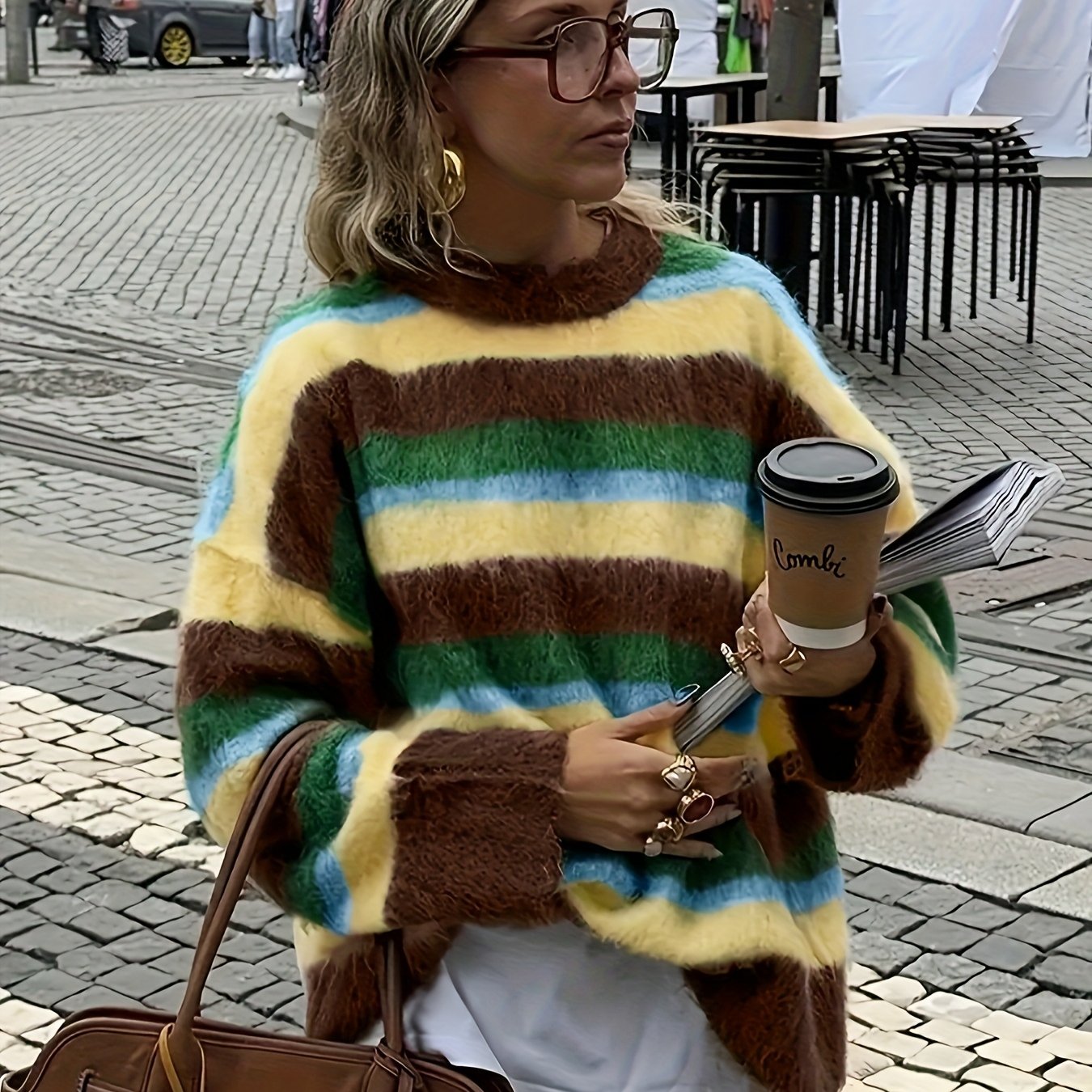 TEMU Damski Przytulny Sweter w Paski - Bluzka z Długim Rękawem i Okrągłym Dekoltem w Kolorach: Brąz, Żółty, Zielony, Czerwony, Różowy, Pomarańczowy,