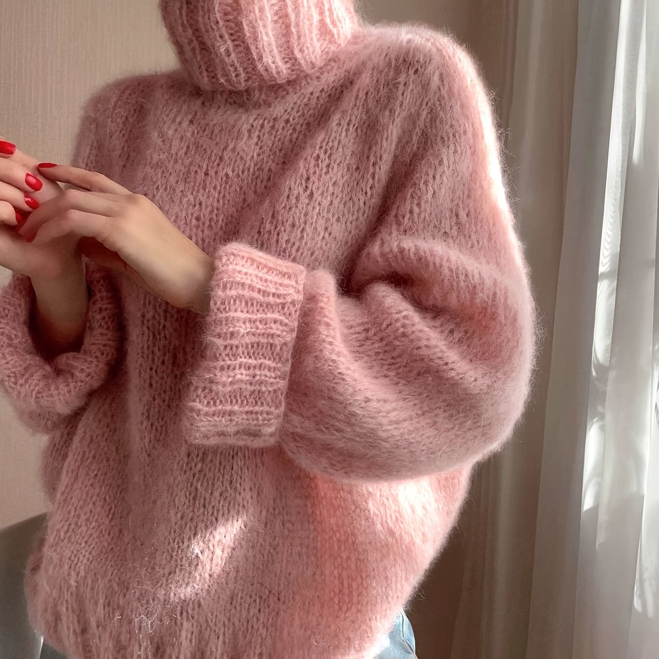 TEMU Damski Sweter w Jednolitym Kolorze z Żebrowanym Wzorem - Wysoki Kołnierz, Luźny Krój, Długi Rękaw, Elegancki i Casualowy na Wiosnę/Jesień, Do