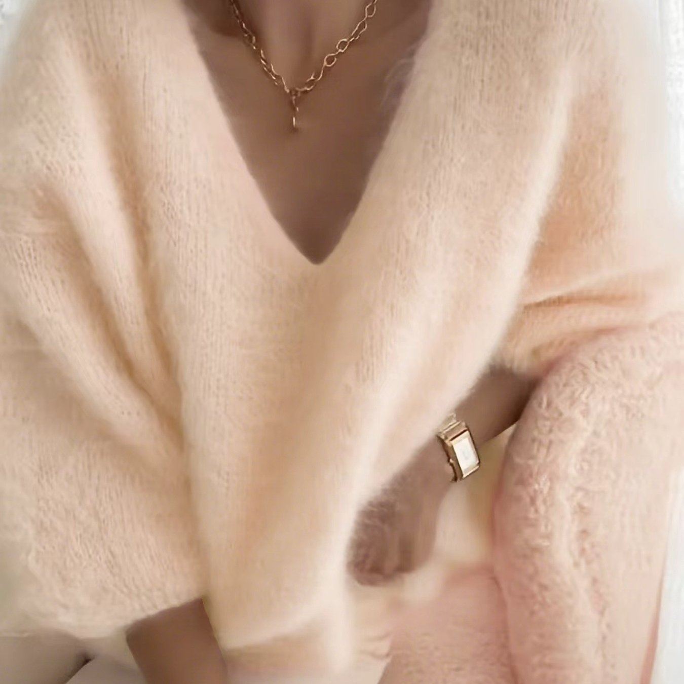 TEMU Luźny sweter z dekoltem w serek Premium Elegancka i modna odzież damska na jesień i zimę