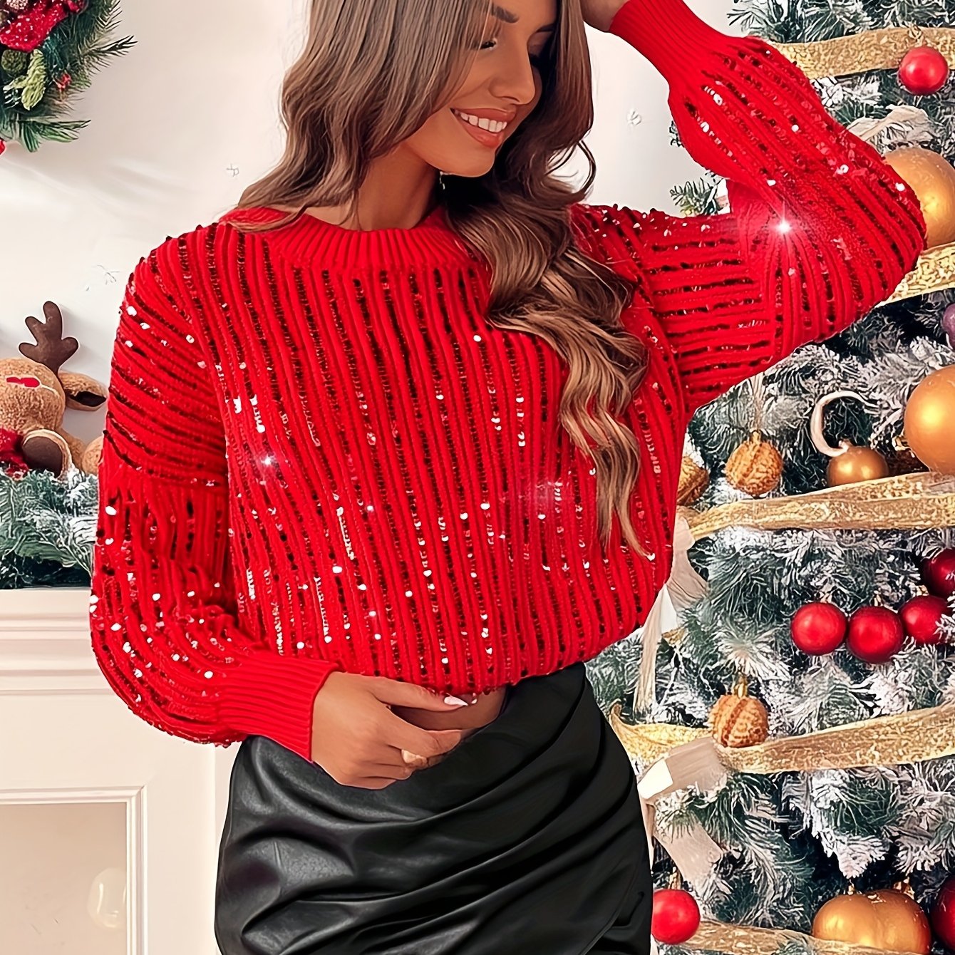 TEMU Elegancki zielony sweter damski - bluzka z długim rękawem i okrągłym dekoltem, brokatem i cekinami, stylowy strój na co dzień, do biura i na