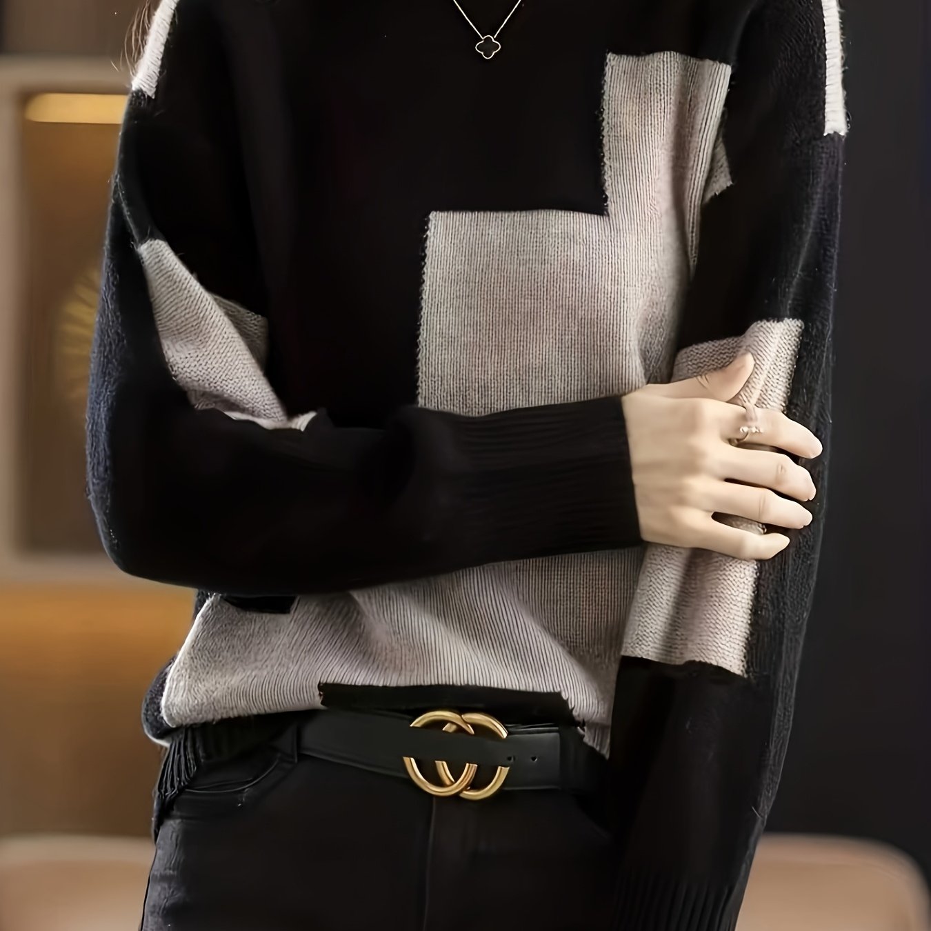 TEMU Damski sweter - Czerwono-brązowy sweter w blokach kolorów, bluzka z okrągłym dekoltem i długim rękawem na jesień/zimę, do biura, na imprezę, na