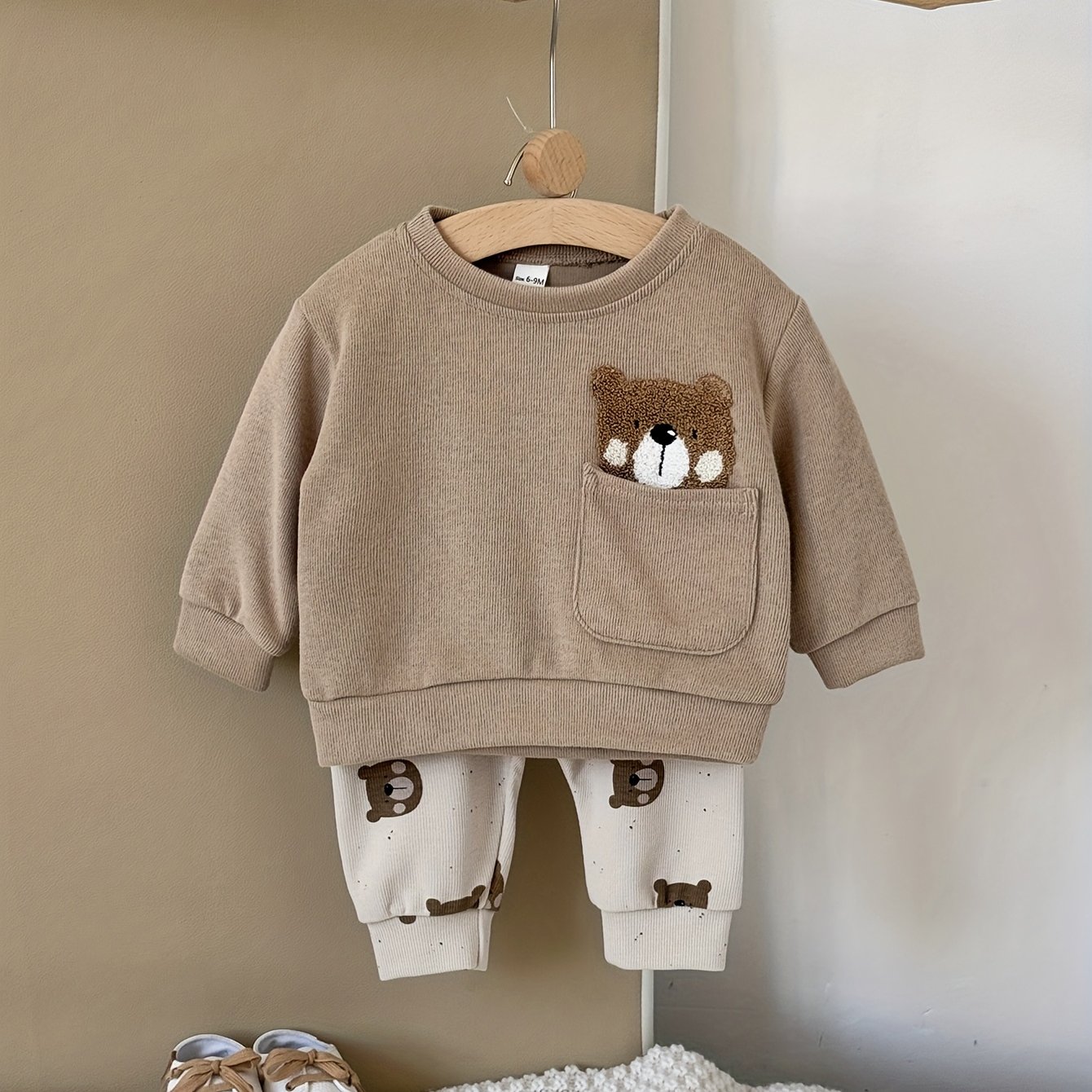 TEMU Zestaw Dwuczęściowy dla Chłopców i Dziewczynek, Uroczy Miś z Haftem na Długim Rękawie + Spodnie w Nadruki Misia, Nowy Styl Wiosna/Jesień, Bez