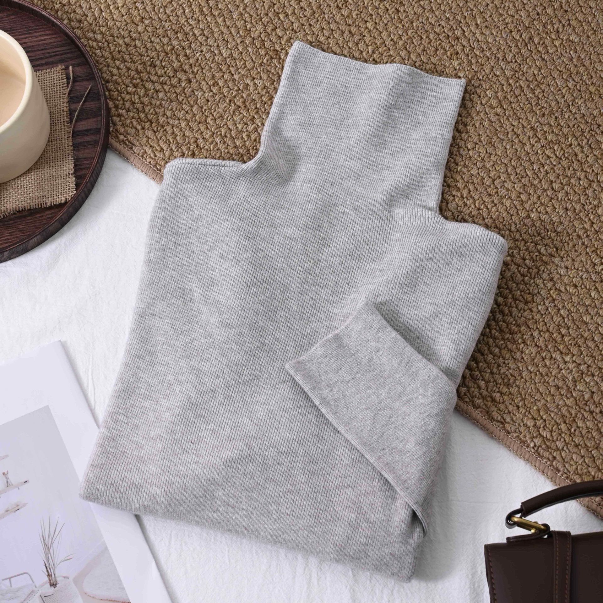 TEMU Damski Miękki Sweter z Wysokim Dekoltem - Elastyczny, Dopasowany Krój, Bluzka z Długim Rękawem, Elegancki Sweter do Biura i na Co Dzień na