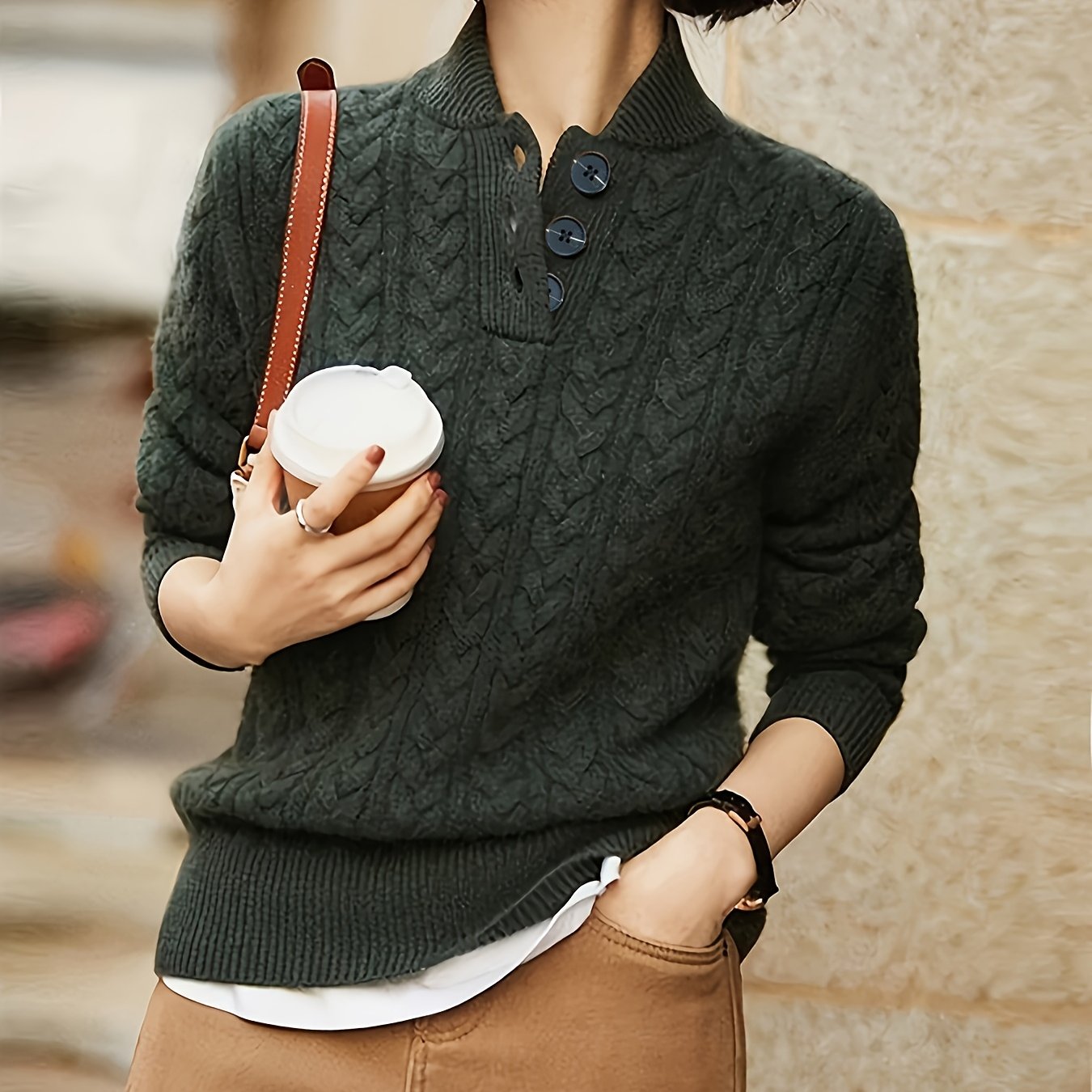 TEMU Damski sweter - Miękki sweter typu pulower z dekoltem w serek, luźny top z długim rękawem do noszenia na co dzień i na specjalne okazje -