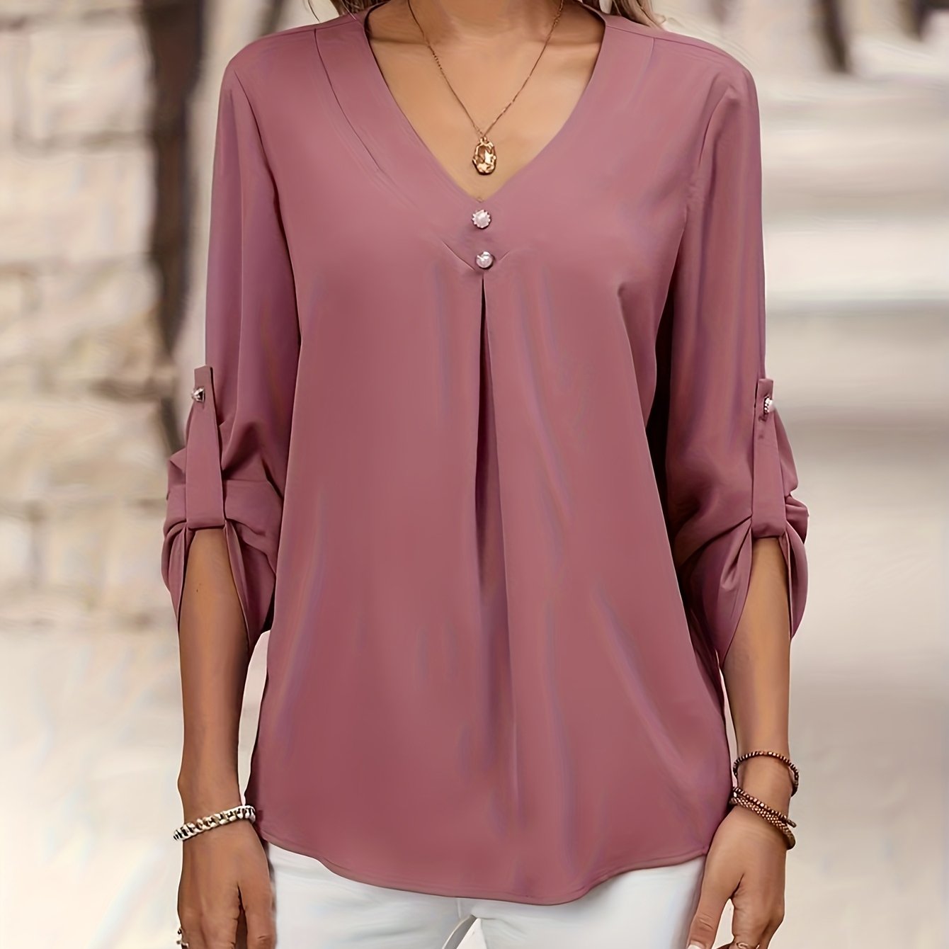 TEMU Elegancka bluzka damska z dekoltem w serek i falbankami na rękawach - Koszula z długim rękawem zapinana na guziki, miękki róż, jednolity ,