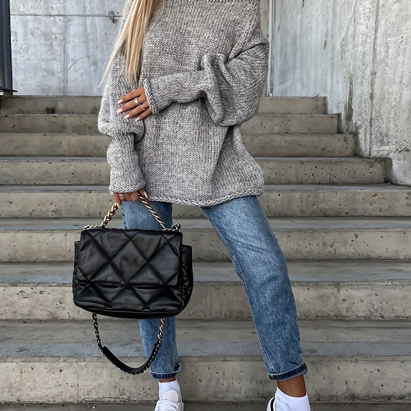 TEMU Damski sweter z okrągłym dekoltem - luźny, z długim rękawem i asymetrycznym dołem, jednolity , idealny na jesień/zimę, do noszenia na co dzień i