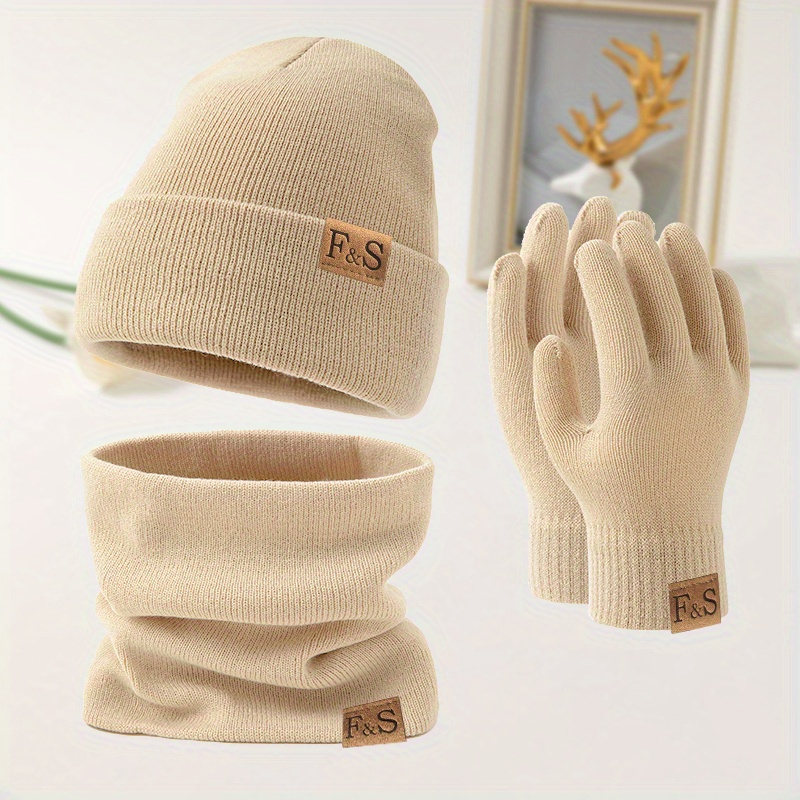 TEMU F&S Zestaw Trzyczęściowy: Czapka, Szalik i Rękawiczki z Dzianiny z Logo, Zimowy, Odporny na Wiatr i Zimno, Przystępny Cenowo, : Czapka, Szalik,